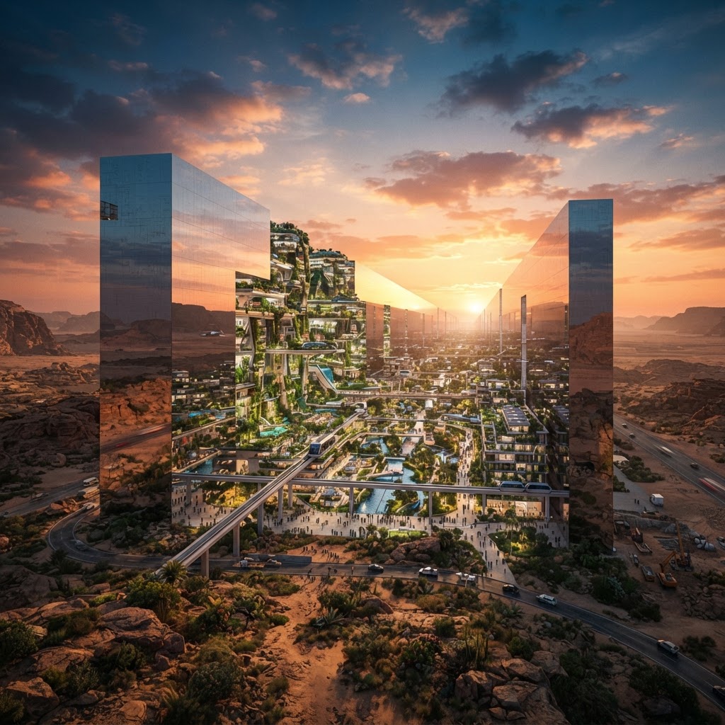 Concept of The Line linear city in NEOM — two parallel mirrored walls rising 500 meters across the desert