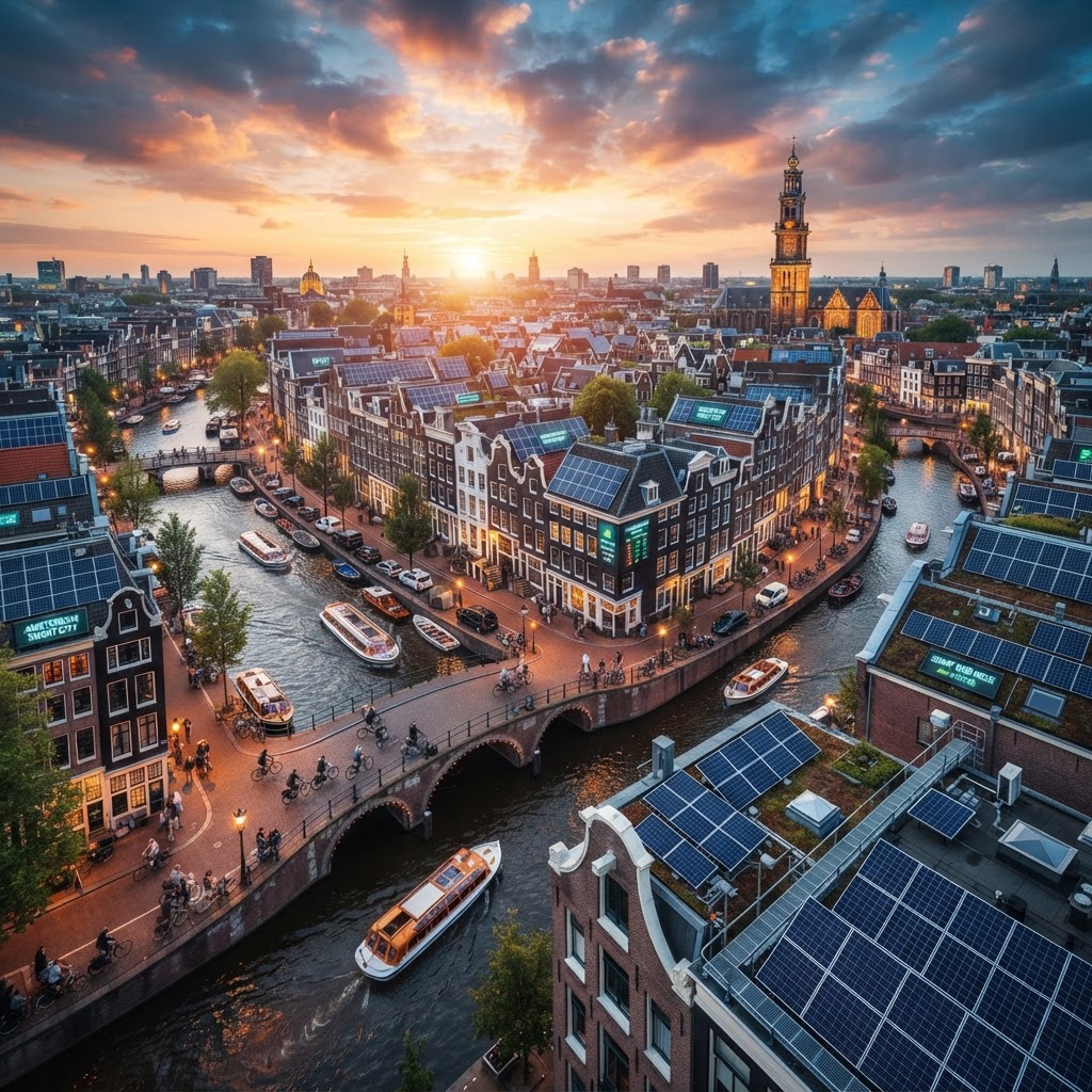 Amsterdam canals and rooftops with solar panels — the living network of the Amsterdam Smart City initiative