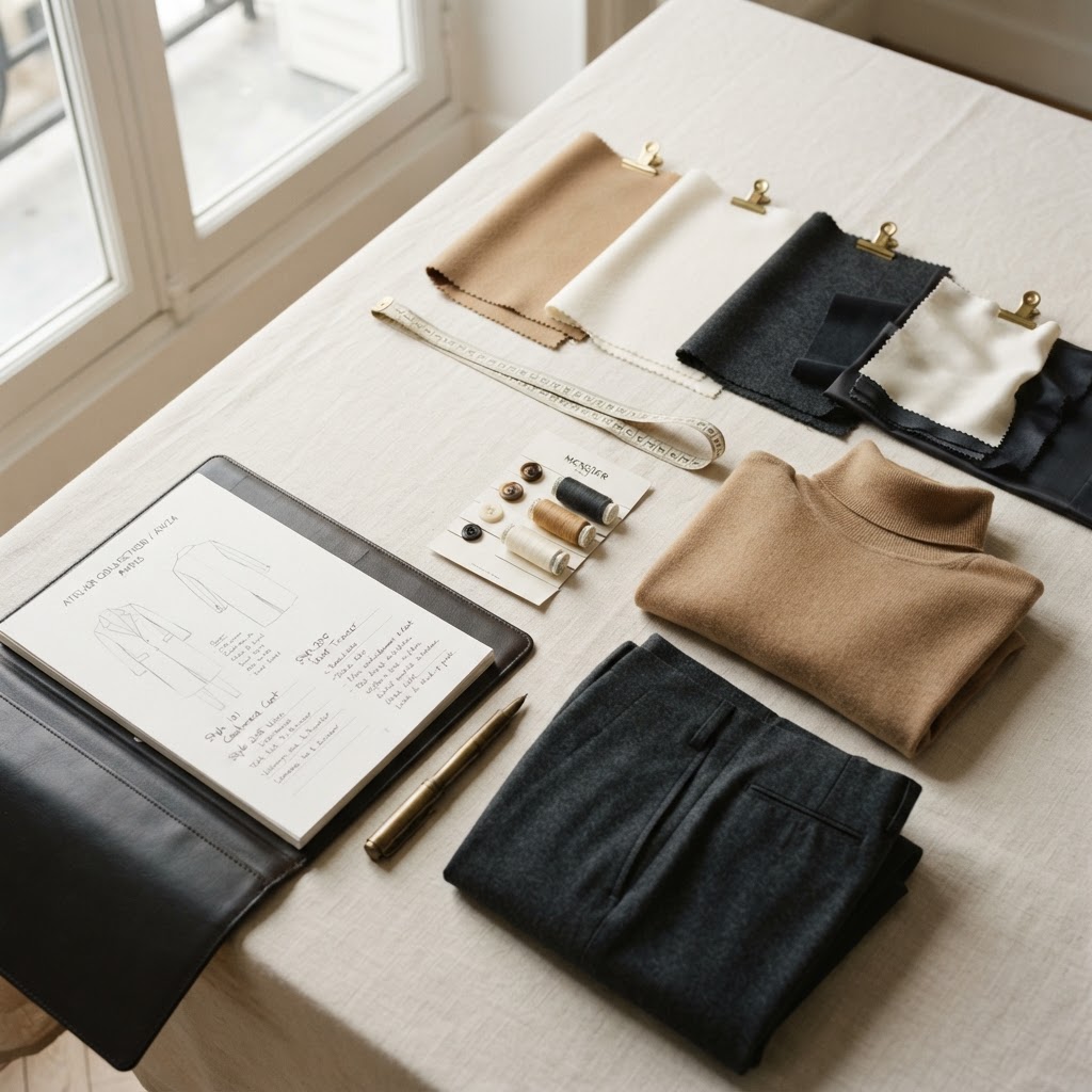 Close editorial detail of garments, fabric swatches, and collection materials prepared for market review