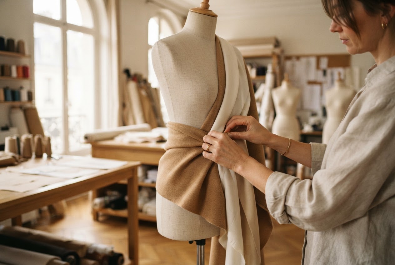 Luxury fashion atelier with silk and cashmere textiles