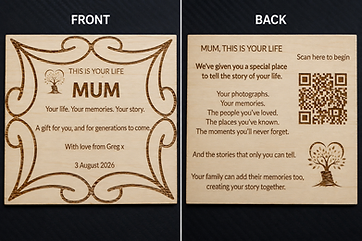 Example engraved wooden keepsake — front and back, personalised wording shown for illustration only