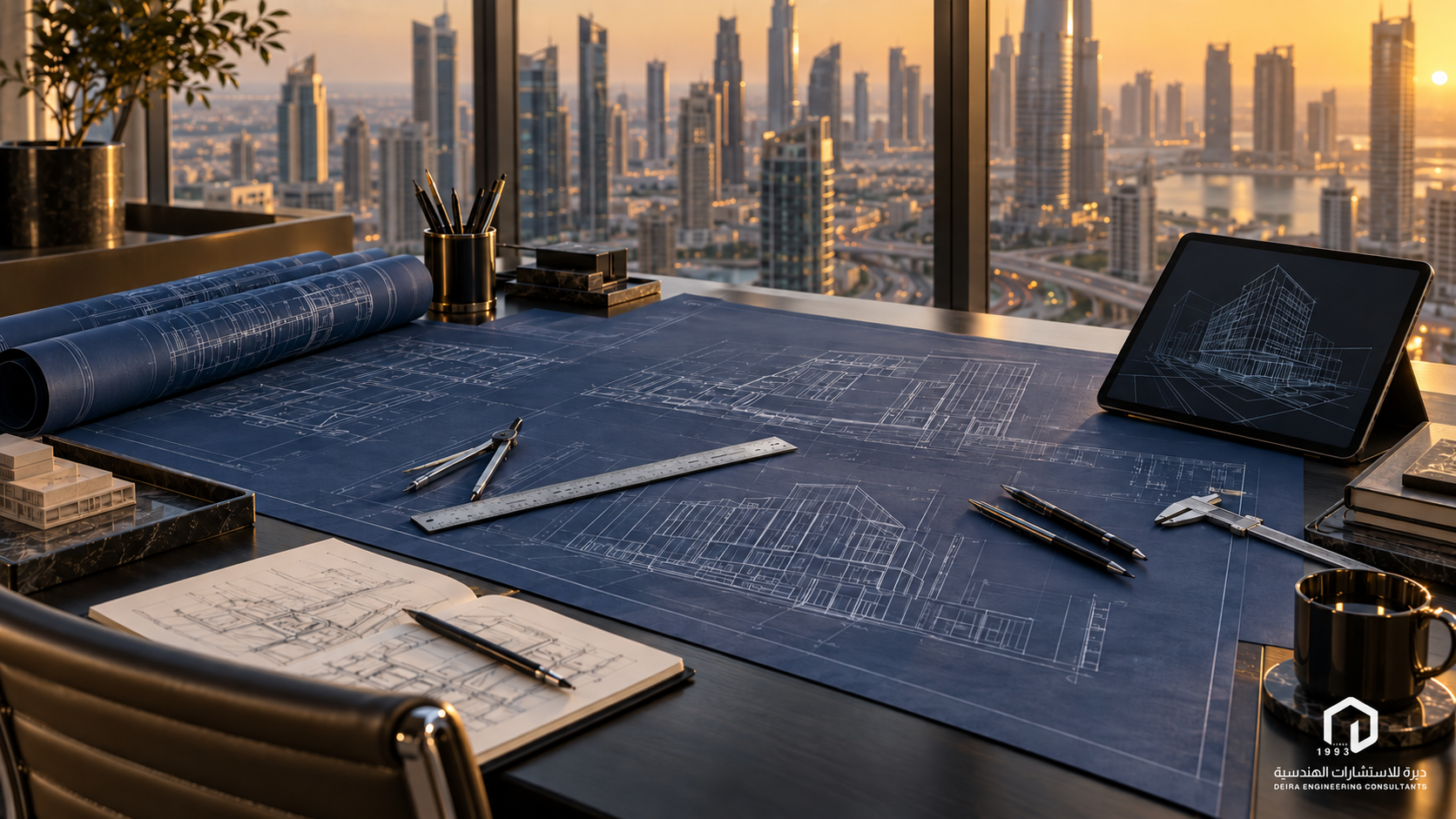 Engineering consultancy desk with architectural blueprints overlooking Dubai skyline at golden hour