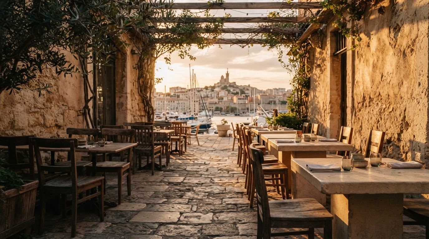 Terrasse du Mazet au coucher du soleil