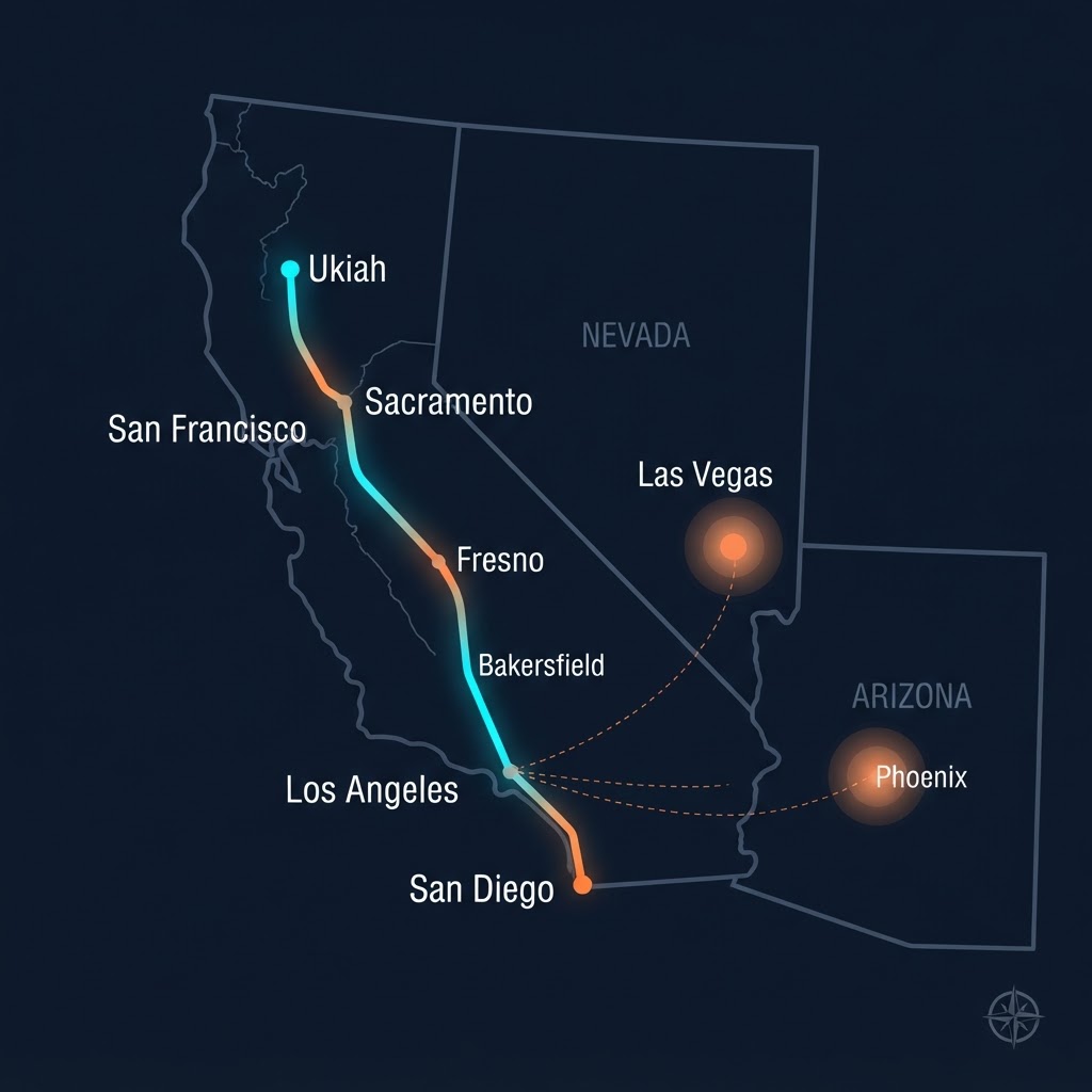 Challenger Trucking service coverage — California corridor, Las Vegas, and Phoenix metro areas