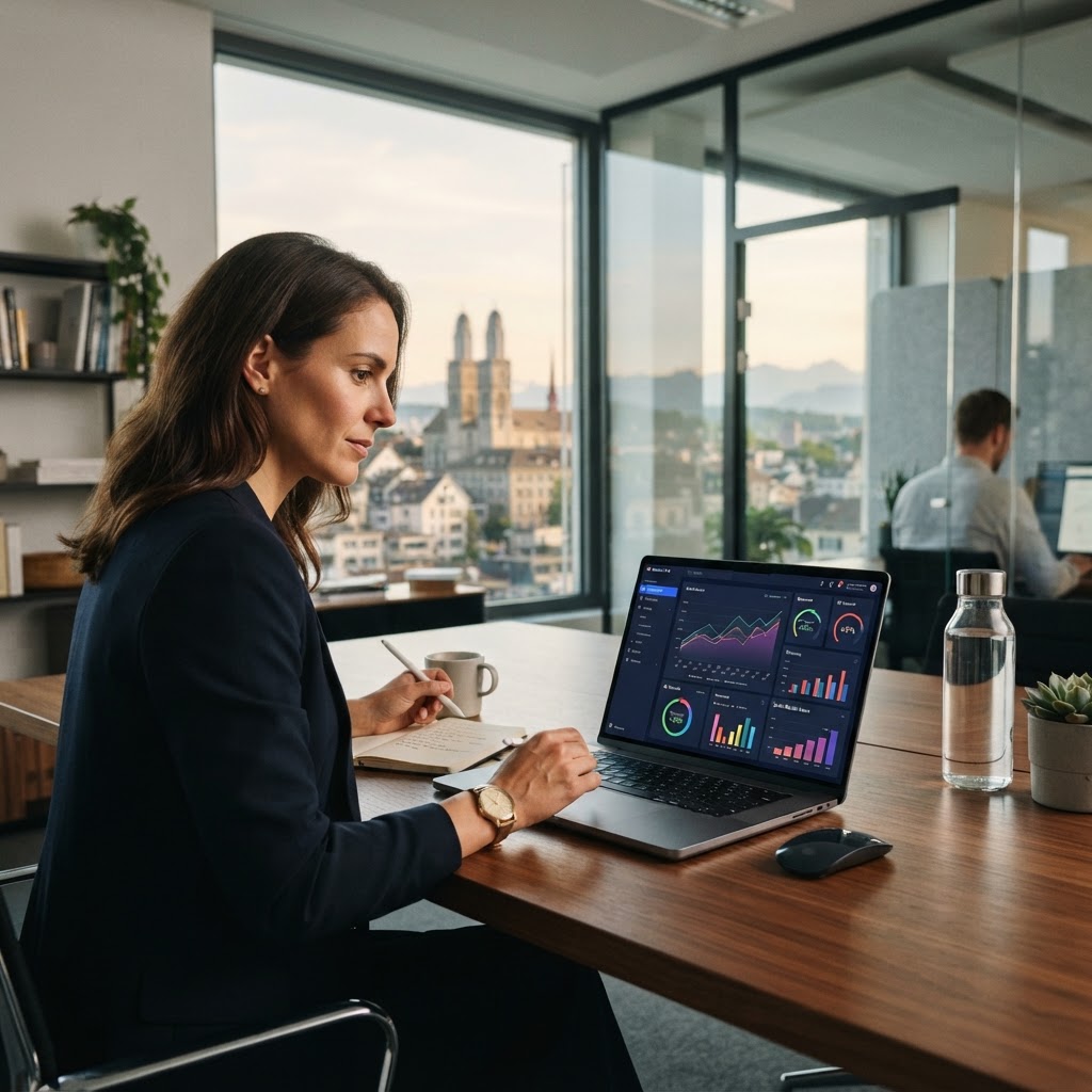 Ein moderner Laptop mit digitalen Analysedaten vor einem verschwommenen Ausblick auf die Skyline von Zürich.