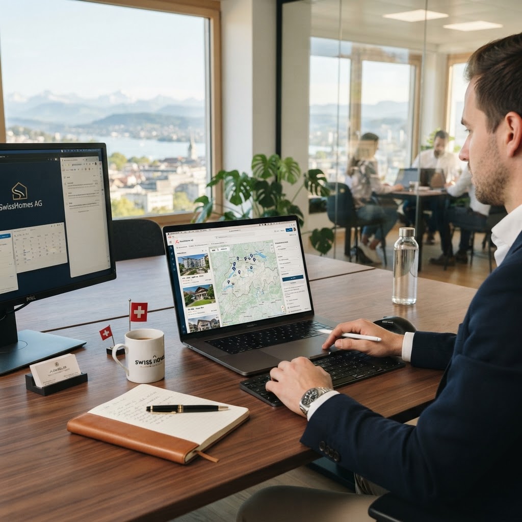 Ein moderner Schreibtisch mit Laptop, der Immobilienangebote und eine Schweizer Landkarte zeigt.