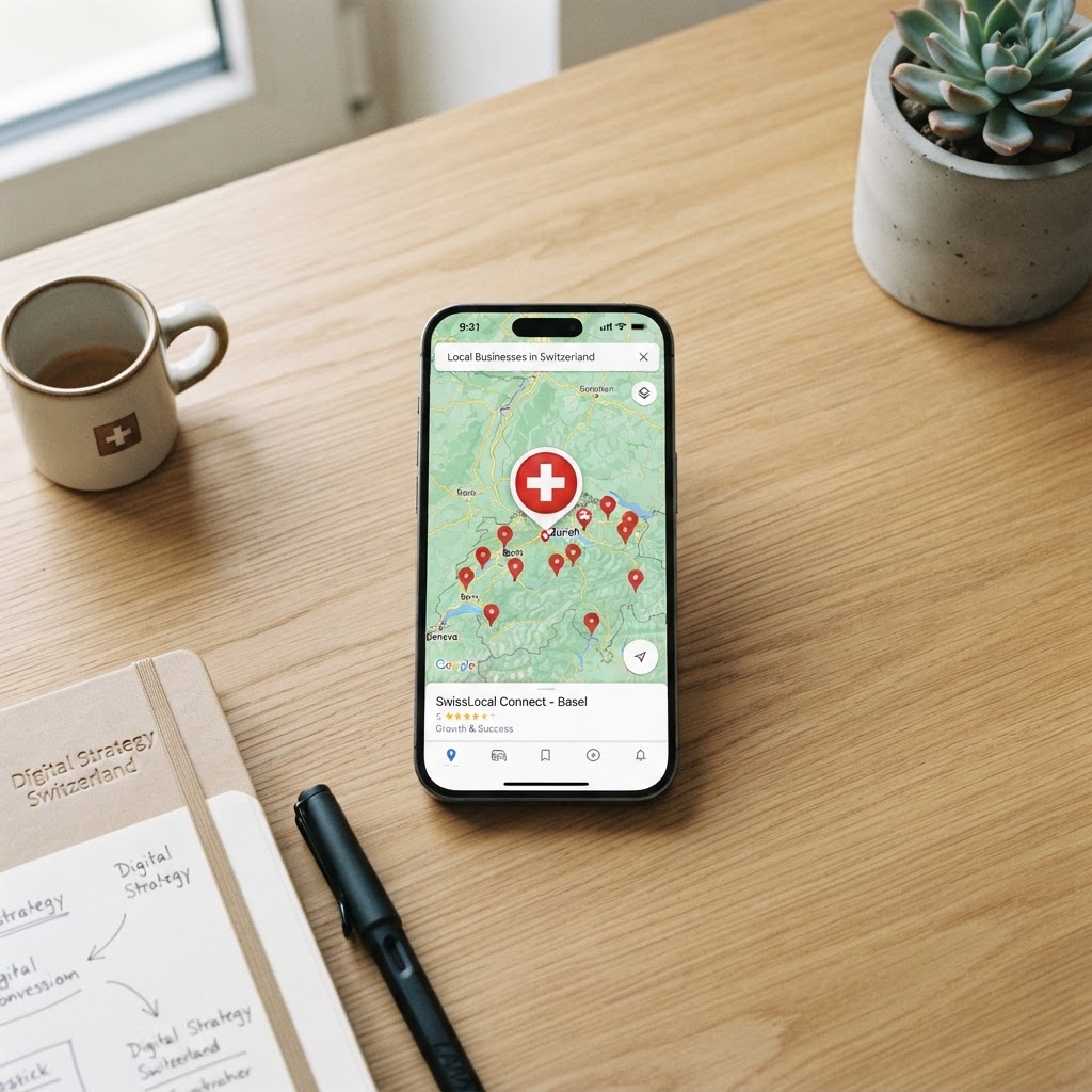 Ein Smartphone auf einem Schreibtisch mit einem Google-Standort-Symbol und Schweizer Bezug für lokale SEO.