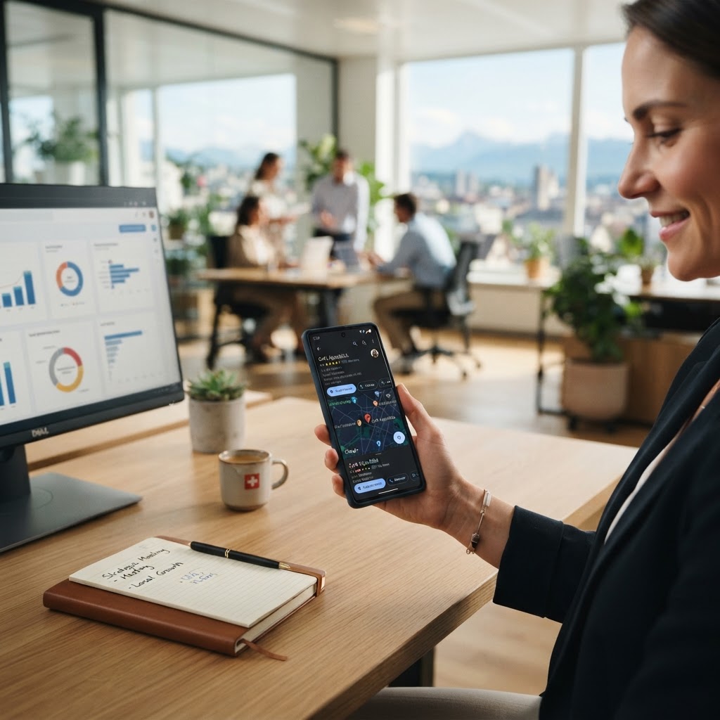 Ein Smartphone mit Fünf-Sterne-Bewertungen auf einer Karte in einem hellen, professionellen Schweizer Büro.
