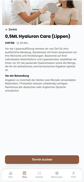 BeautyFlow Behandlungsansicht mit Terminbuchung