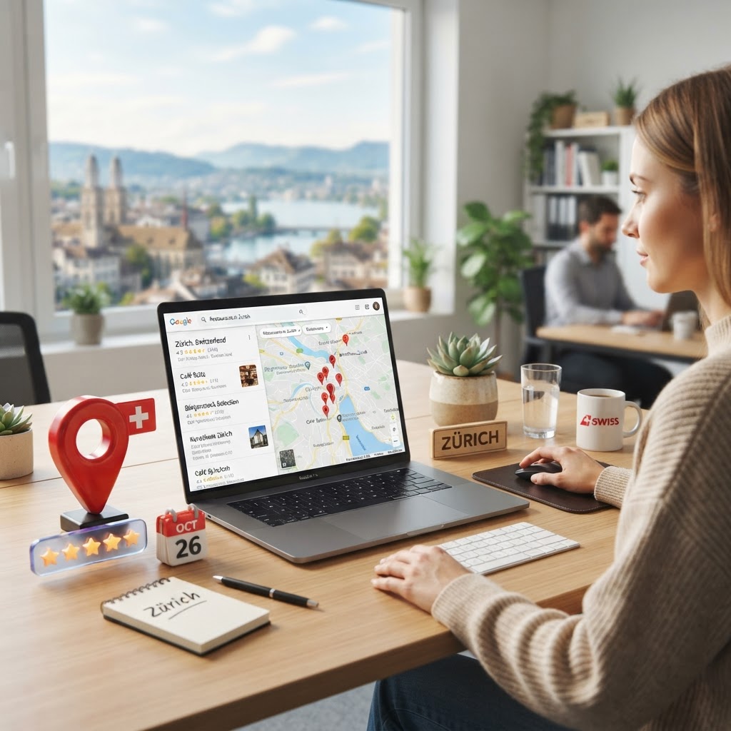 Laptop mit lokaler Suchkarte und Symbolen für Kundenbewertungen und Terminbuchungen in einer modernen Büroumgebung.