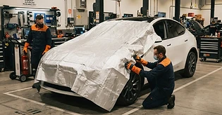 Electric vehicle partially covered by a fire blanket in an EV workshop
