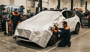 Electric vehicle partially covered by a fire blanket in an EV workshop
