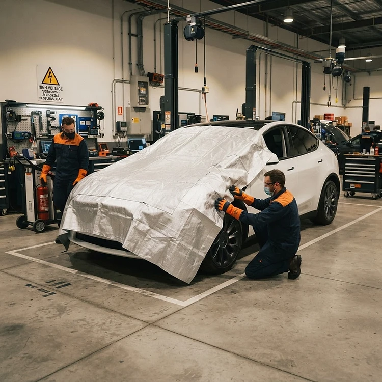 Electric vehicle partially covered by a fire blanket in an EV workshop