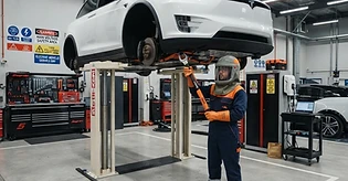 EV service bay with an electric vehicle and a technician in full arc-flash PPE