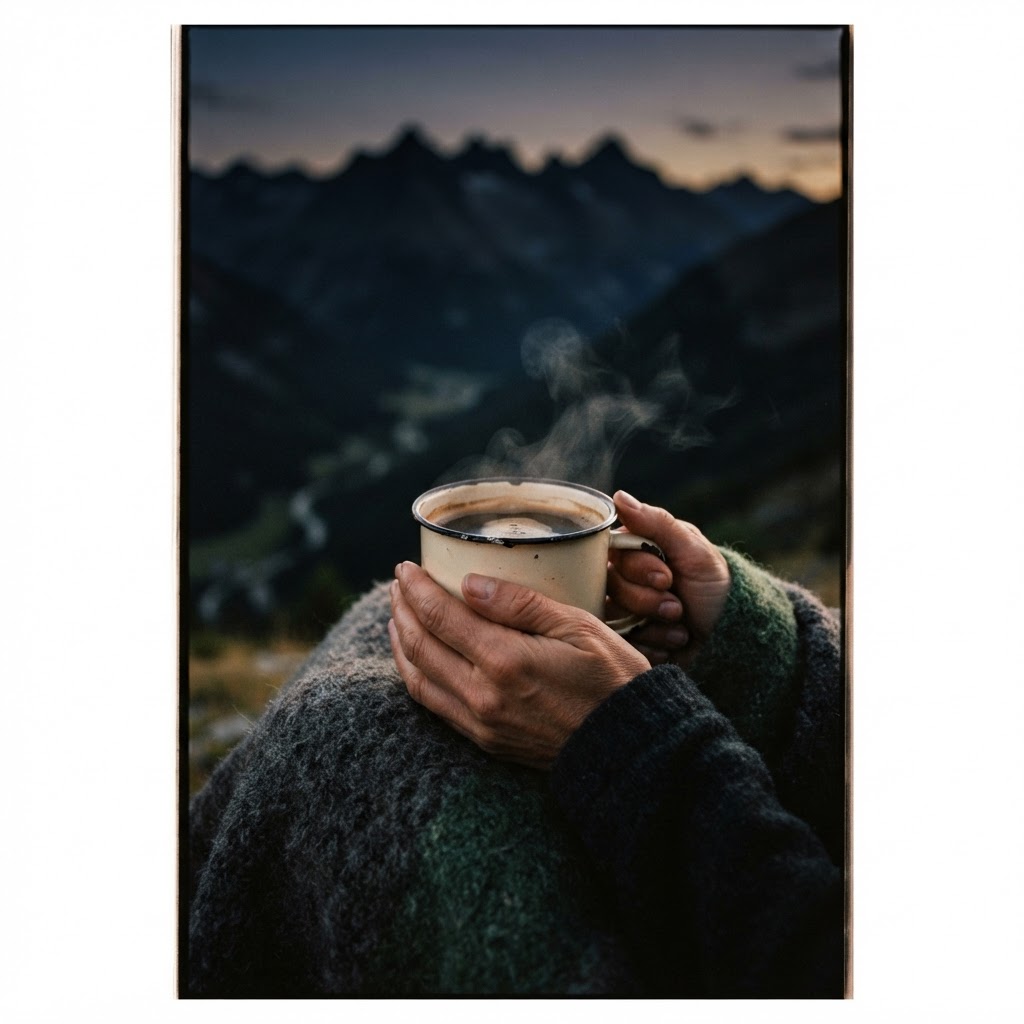 Détail de mains serrant une tasse de café fumant devant un refuge de haute montagne