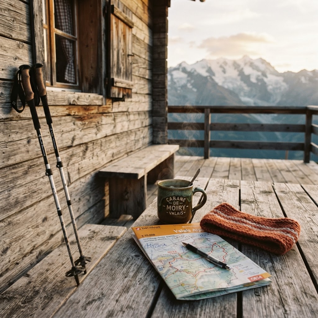 Pause tisane réconfortante devant la terrasse en bois patiné d'un refuge d'alpage