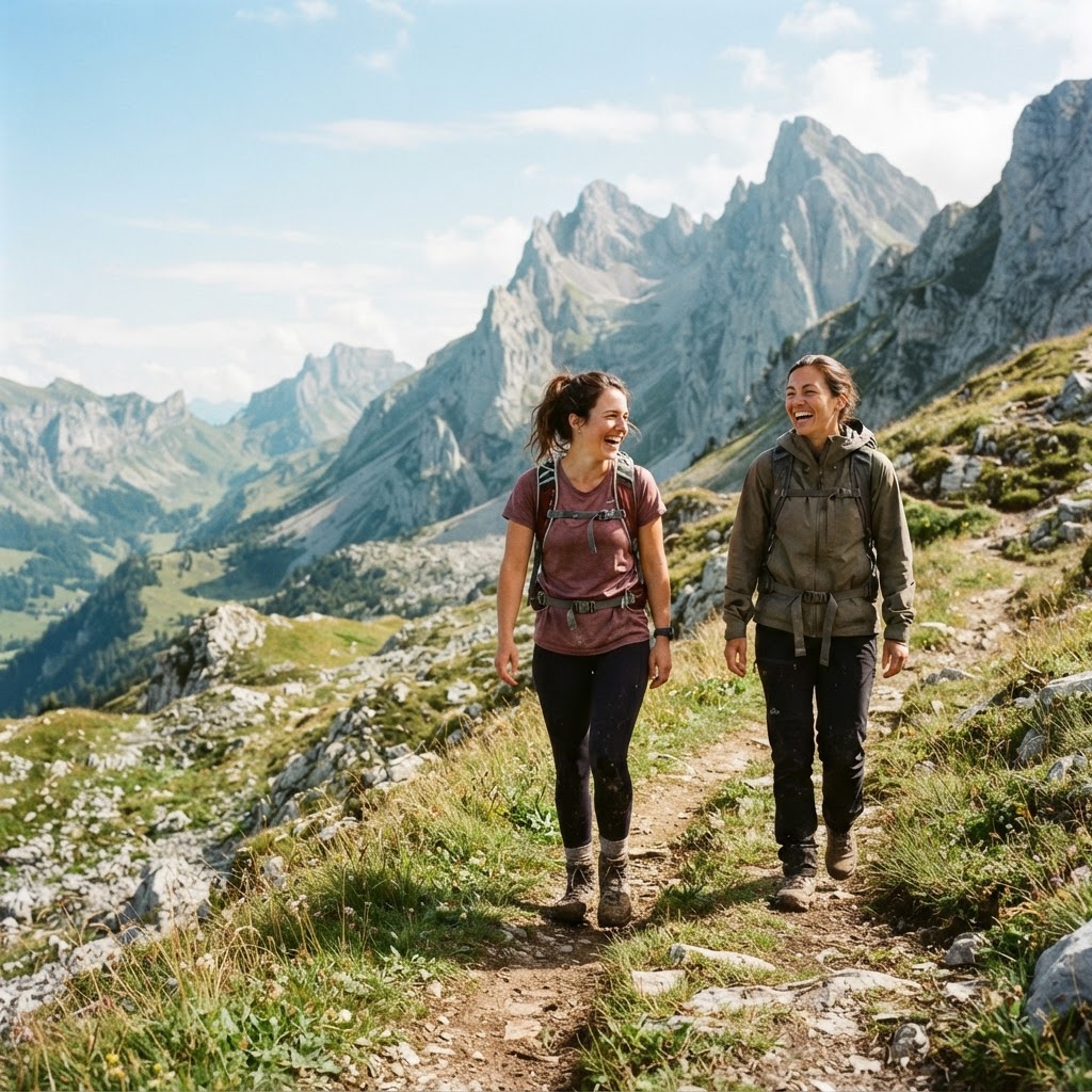 Le soleil baigne une crête alpine où deux amies partagent un rire complice