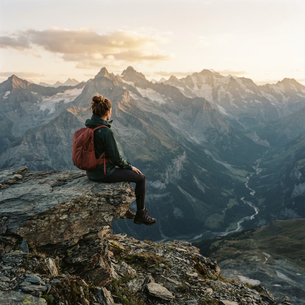 Femme contemplent la vue depuis un sommet alpin