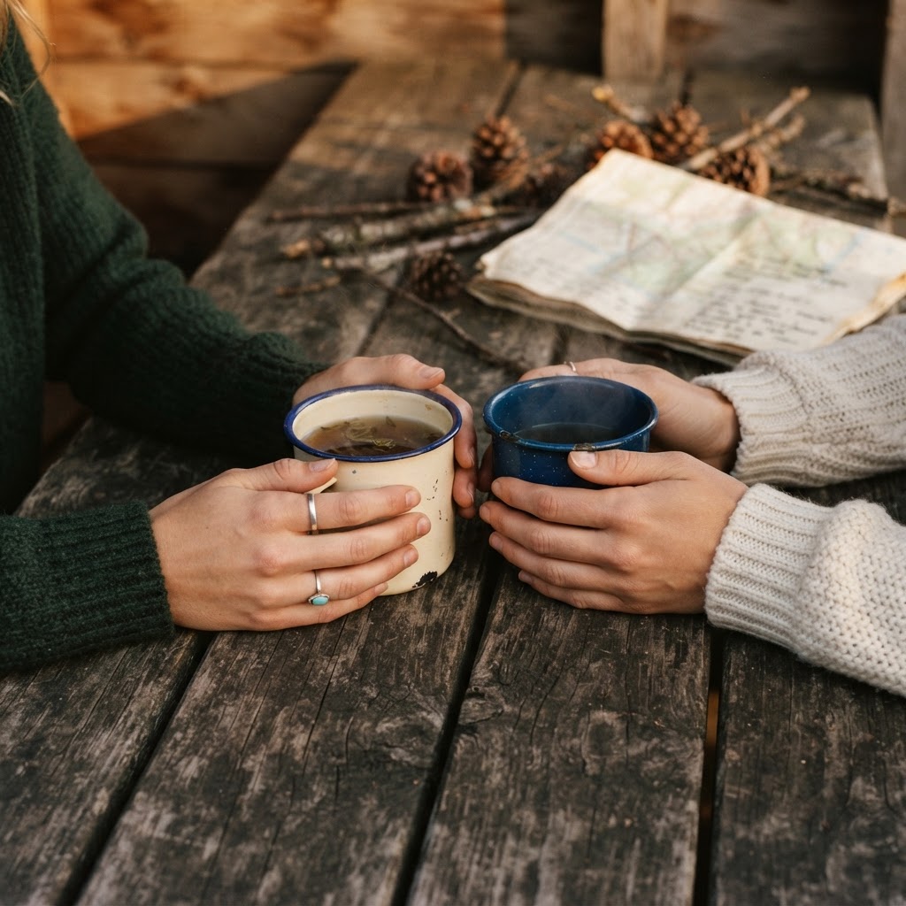 Détail intime de mains tenant une tasse émaillée au coin d'une table en bois rustique