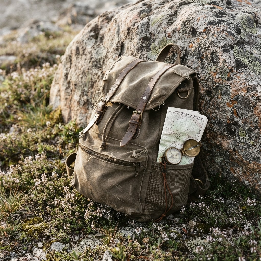 Détail soigné d'un sac à dos posé sur un rocher patiné