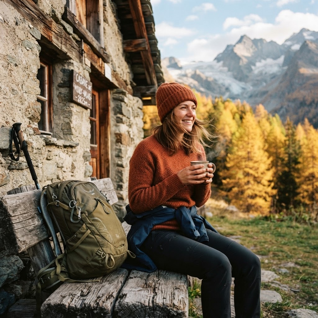 Une pause contemplative face aux aiguilles avec un sac terracotta