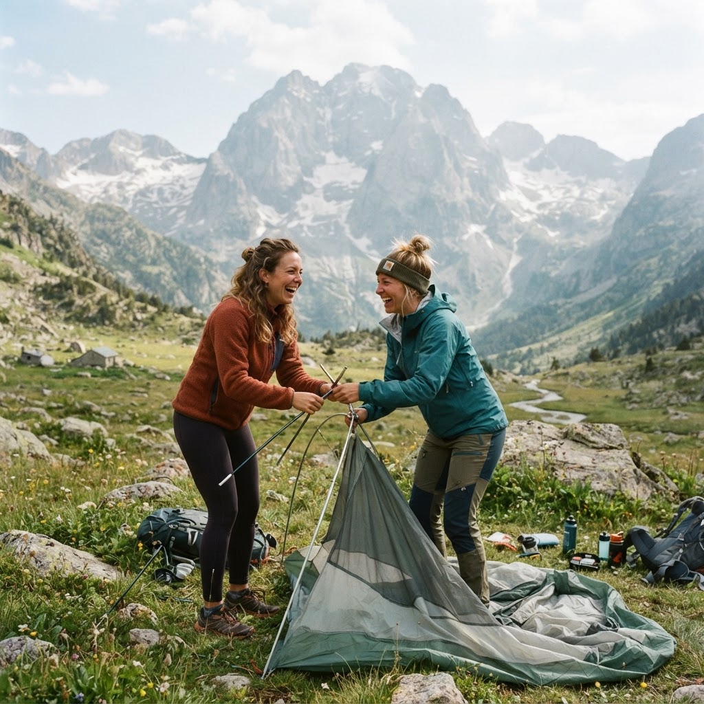 Rires partagés et complicité au moment de monter le camp.