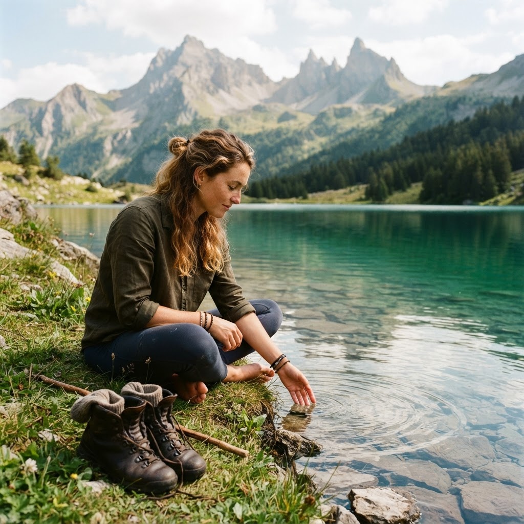 Pause contemplative au bord d'un lac glaciaire turquoise