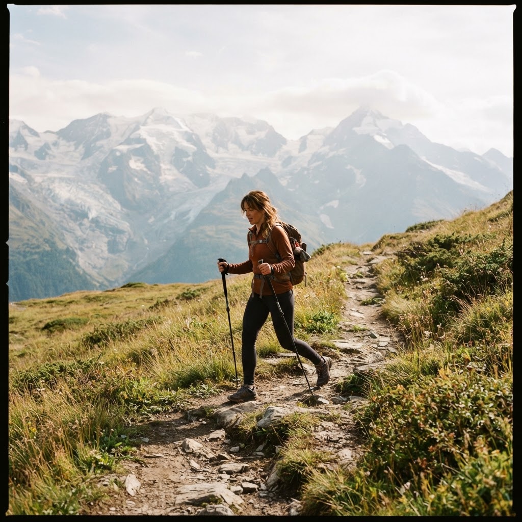 Une randonneuse savourant la vue au sommet des alpages