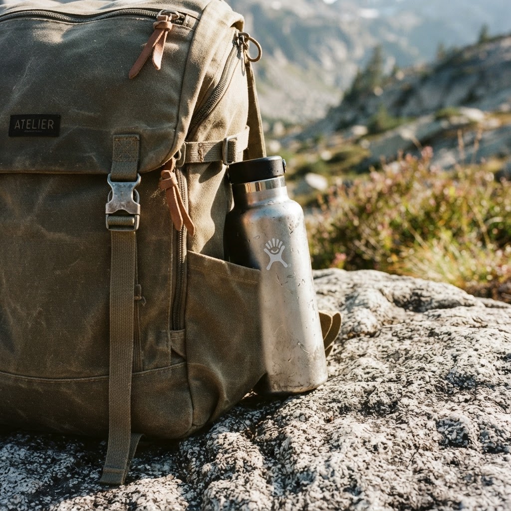 Une randonneuse élégante dans les Alpes, portant une veste technique aux tons neutres, lumière dorée de fin d'après-midi, style éditorial, grain de film Kodak Portra 400, 50mm