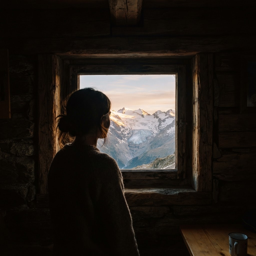 Le lever de soleil rose et or sur les crêtes escarpées, vu depuis la fenêtre du refuge