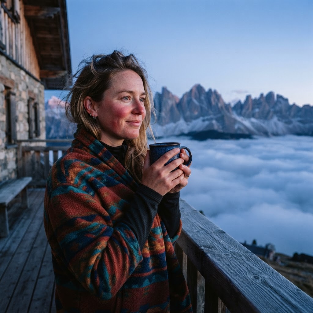 Une randonneuse savoure son café face au lever de soleil, enveloppée dans une laine épaisse.