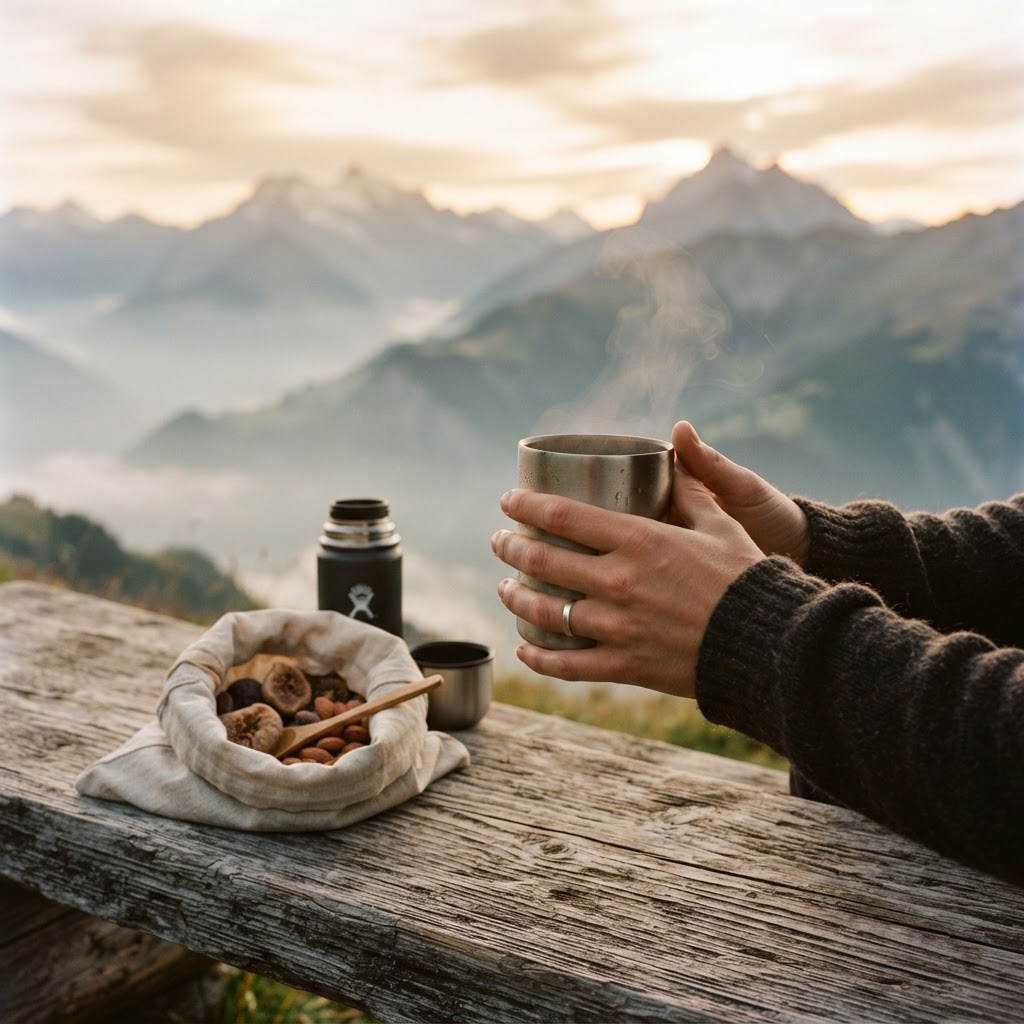 Pause gourmande et hydratation au soleil doux d'un alpage fleuri