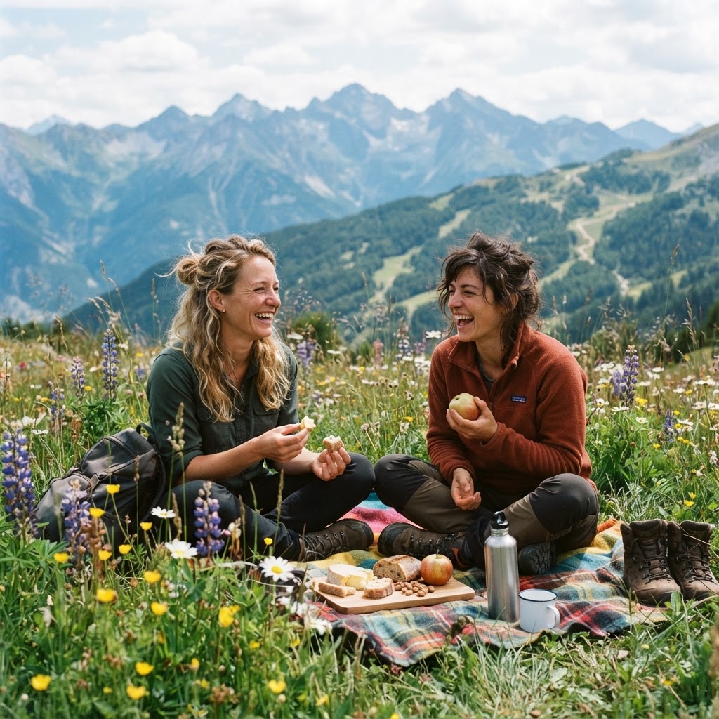 Détail de mains tenant une tasse de thé fumante face aux sommets enneigés