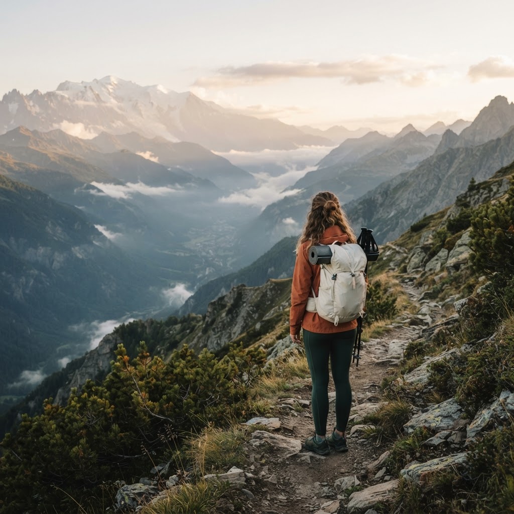 Randonneuse dans les Alpes au lever du soleil