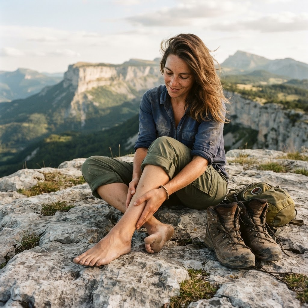 Une randonneuse pieds nus dans l'herbe alpine au crépuscule