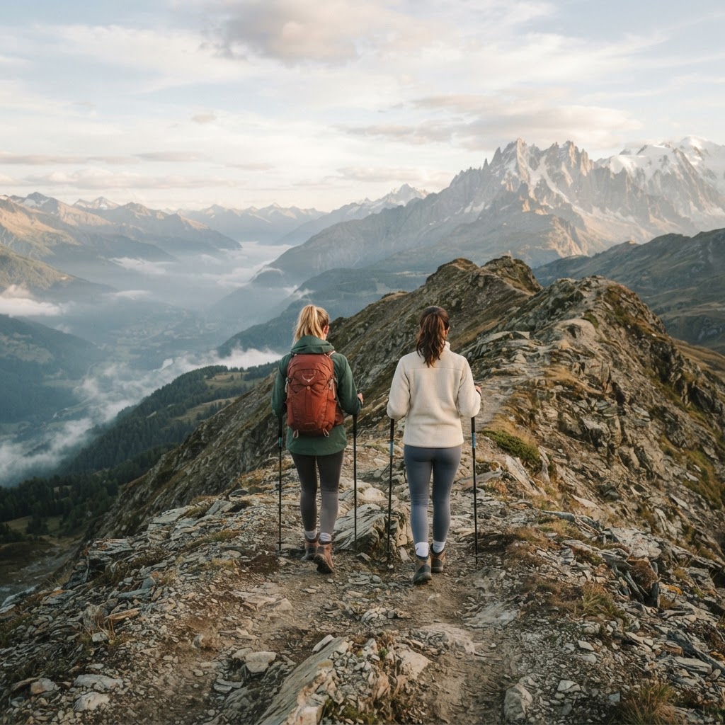 Deux randonneuses sur une crête alpine