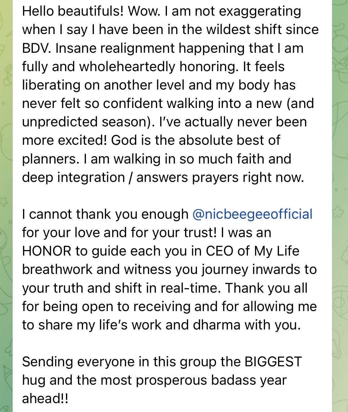 A testimonial message shared by a mini-retreat attendee