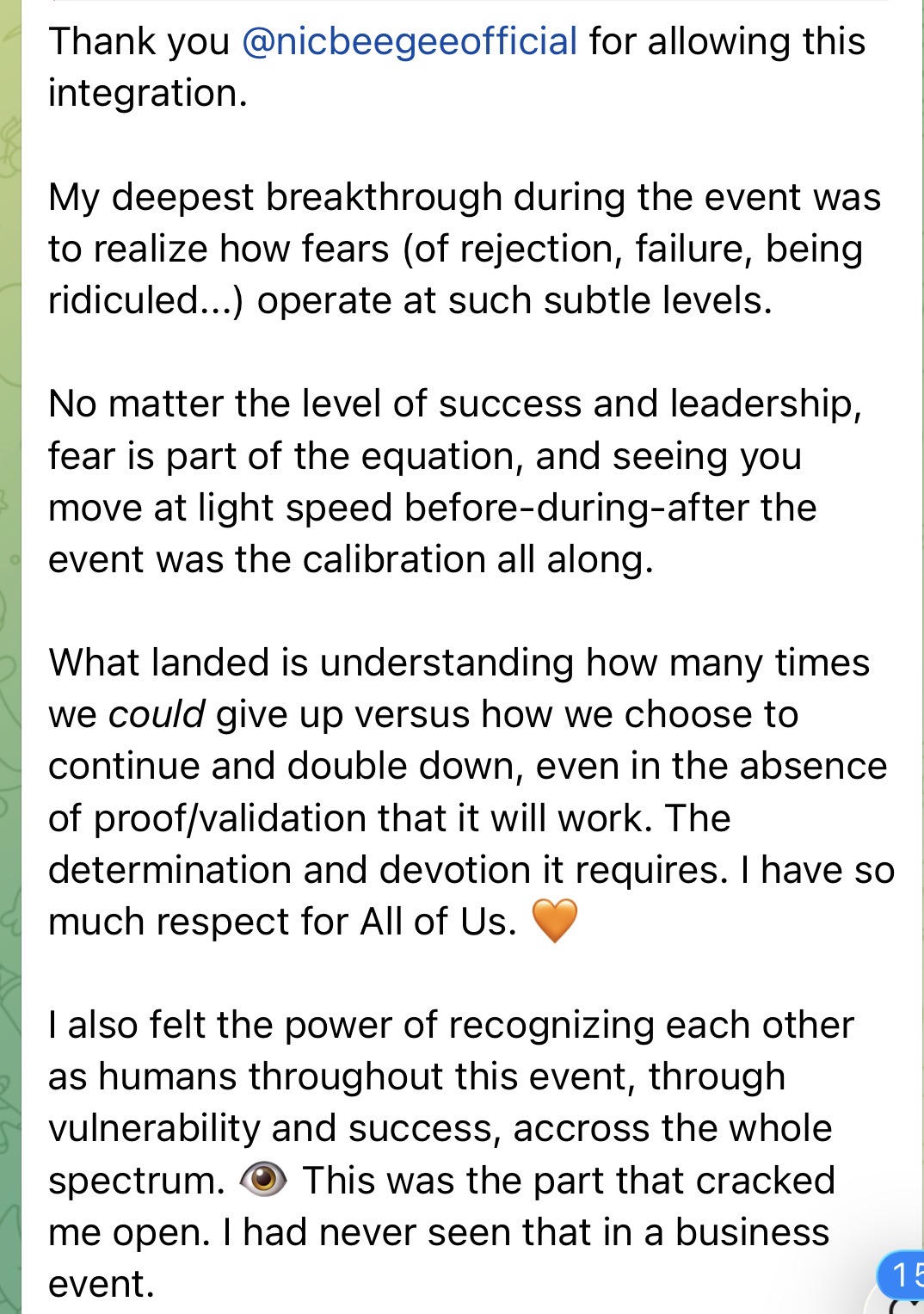 A testimonial message shared by a mini-retreat attendee