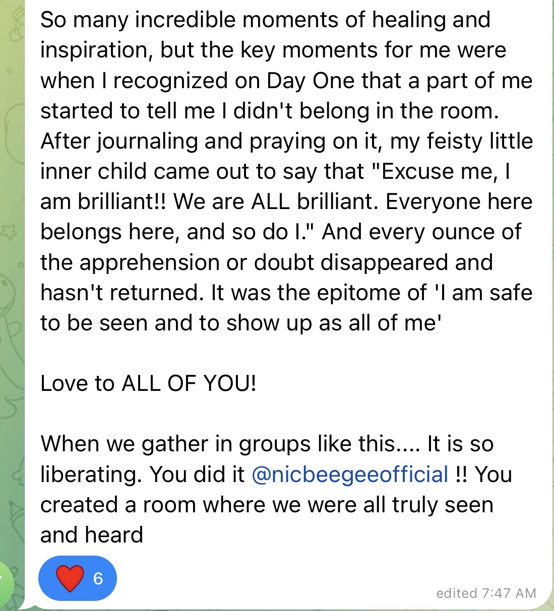 A testimonial message shared by a mini-retreat attendee