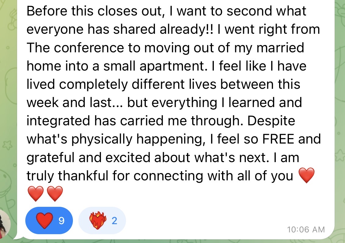 A testimonial message shared by a mini-retreat attendee