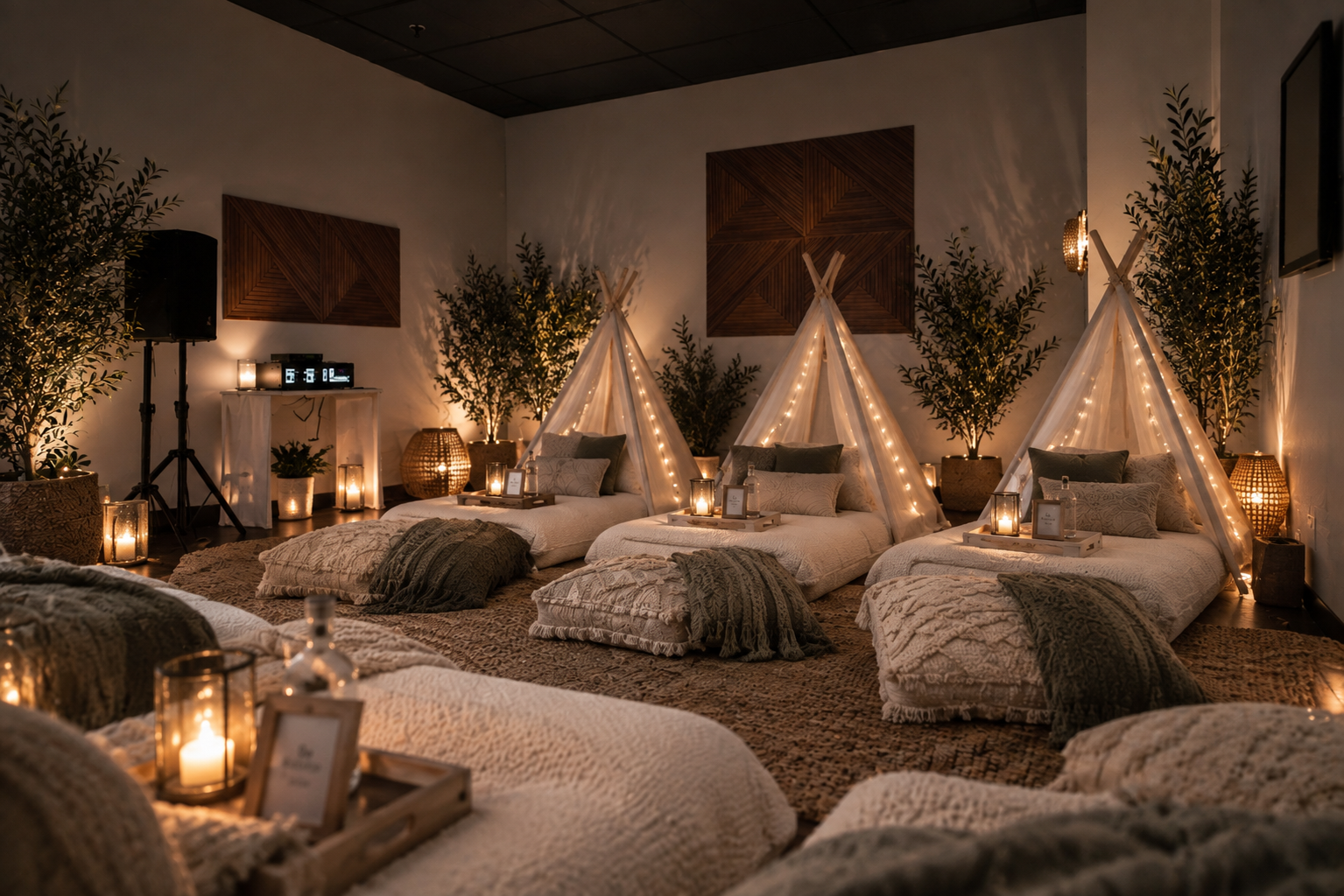 Cozy teepee sleepover lounge at the overnight mini-retreat
