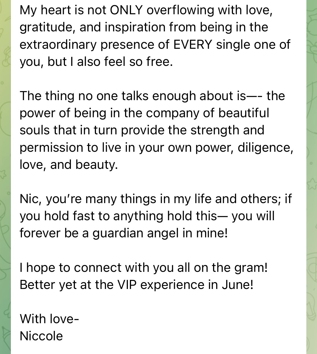 A testimonial message shared by a mini-retreat attendee