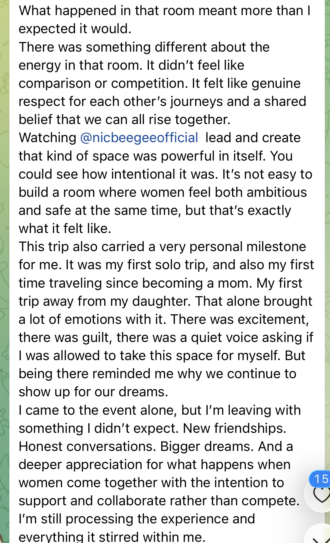 A testimonial message shared by a mini-retreat attendee
