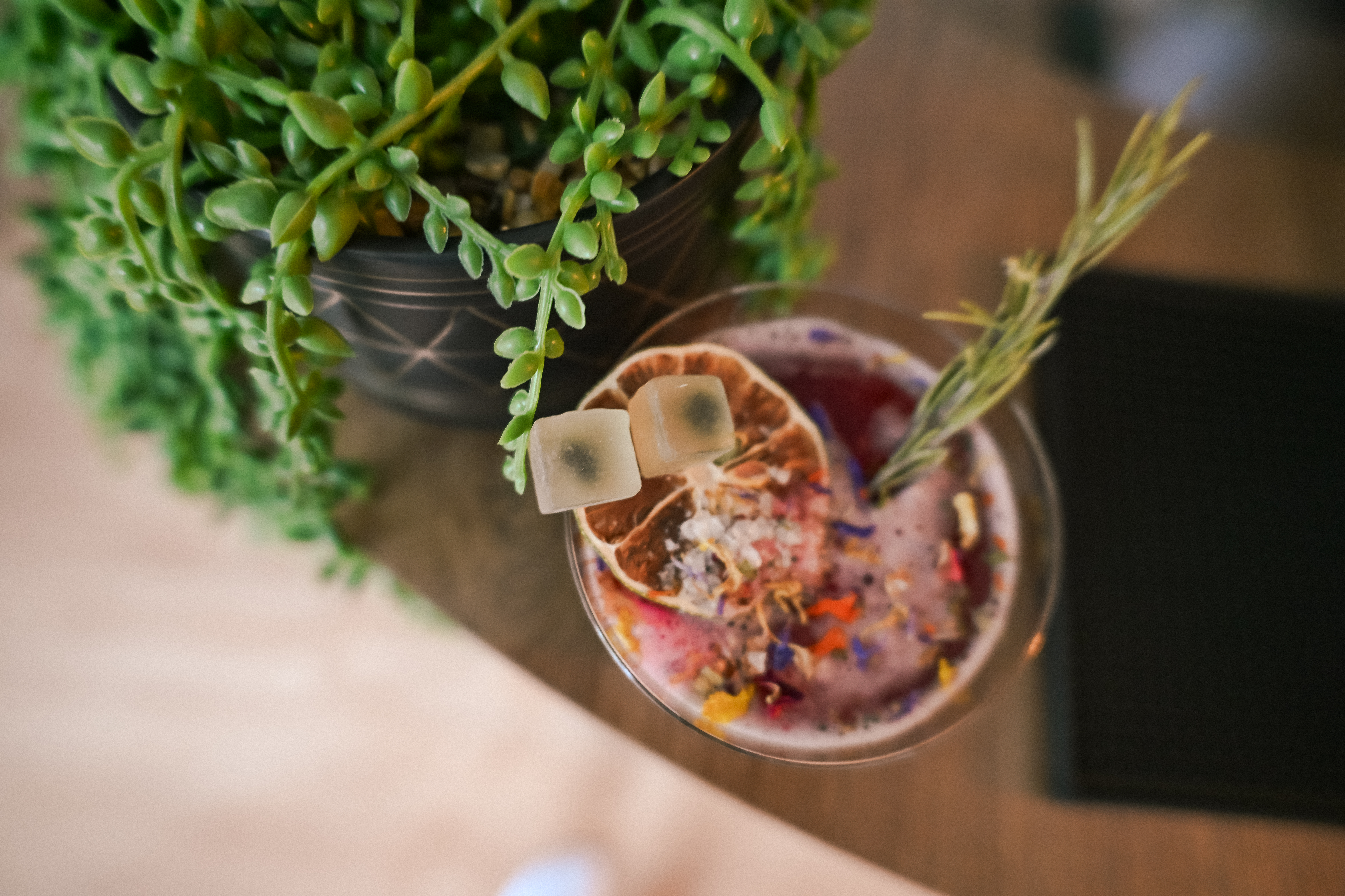 Slice Social Club signature mocktail garnished with citrus, rosemary, and edible flowers