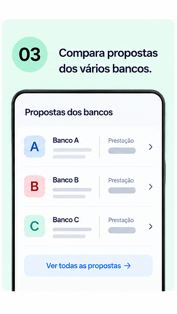 Passo 3: compara propostas dos vários bancos. Ecrã da app Habia com as propostas lado a lado, com TAEG e prestação de cada banco.