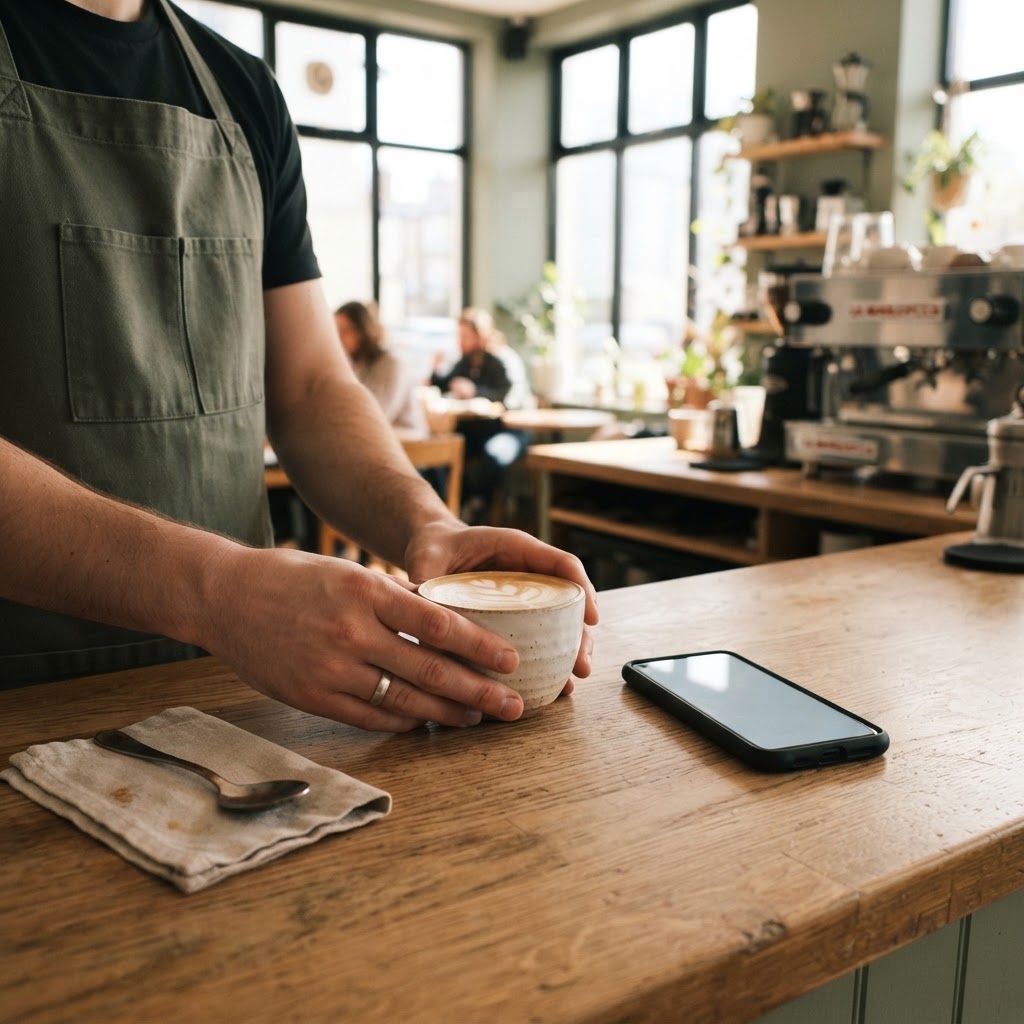 Barista placing a latte on an oak counter beside a smartphone