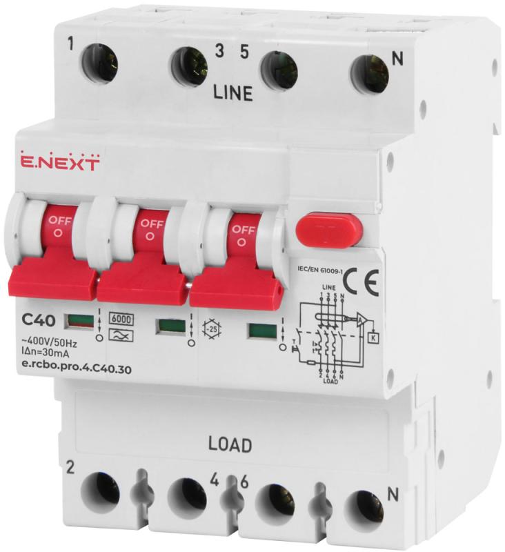 ДЕФЕКТНОТОКОВА ЗАЩИТА E.RCBO.PRO 3P+N, 40 A, 30 MA, 6 KA, E.RCBO.PRO.4.C40.30, E.NEXT