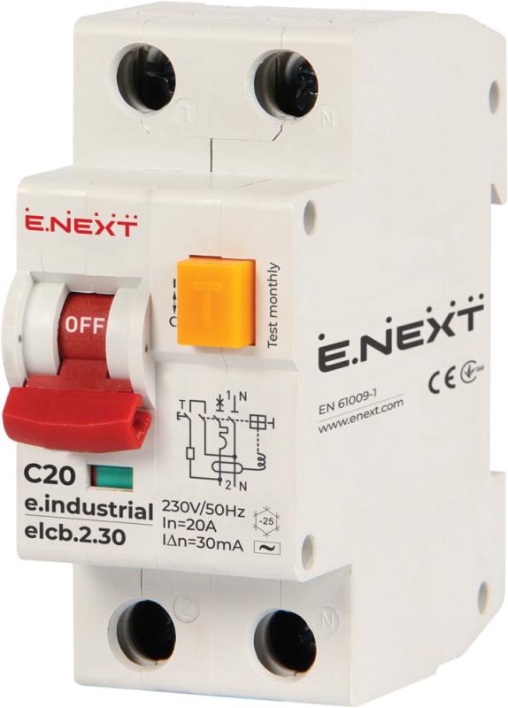 ДЕФЕКТНОТОКОВА ЗАЩИТА E.INDUSTRIAL.ELCB 1P+N, 20 A, 30 MA, 10 KA, ТИП AC, E.INDUSTRIAL.ELCB.2.C20.30, E.NEXT