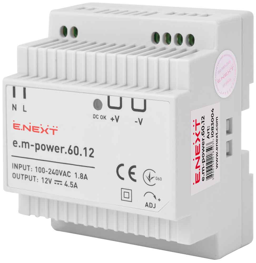 ЗАХРАНВАЩ БЛОК ЗА DIN ШИНА, 60 W, DC12V, E.M-POWER.60.12, E.NEXT