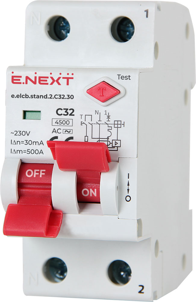 ДЕФЕКТНОТОКОВА ЗАЩИТА С АВТОМАТИЧЕН ПРЕКЪСВАЧ E.ELCB.STAND 1P+N, 32 A, 30 MA, 4.5 KA, ТИП AC, E.ELCB.STAND.2.C32.30, E.NEXT